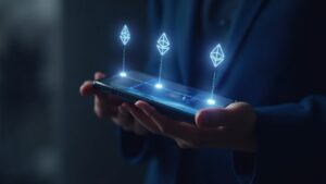 Photorealistic user on smartphone with glowing links among Stellar, NEAR and Ethereum logos for cross-chain custodial swaps.
