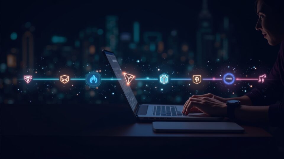 Encabezado realista de sala de redacción cripto: usuario con cartera elegante, rieles intercadena brillantes que conectan TRON, TRX y USDT, intercambios sin custodia.