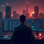 Trader cripto frente a tablero de tickers en blanco y alerta roja; fondo con siluetas de granja de minería de Bitcoin
