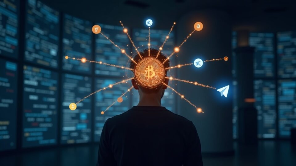 Figura central con emblema TON fusionándose en red de IA descentralizada, rodeada de tickers tokenizados y logos de Telegram.