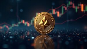 Moneda TON centrada con nodos COCOON AI y resplandor de Telegram; indicio sutil de gráfico en 1,50.