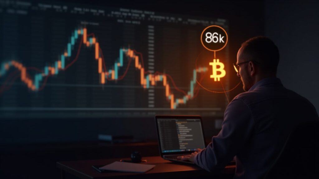 Fotografía realista de un trader ante un gráfico BTC que cae a 86k, logotipo BTC iluminado y zona max pain resaltada.
