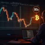 Fotografía realista de un trader ante un gráfico BTC que cae a 86k, logotipo BTC iluminado y zona max pain resaltada.