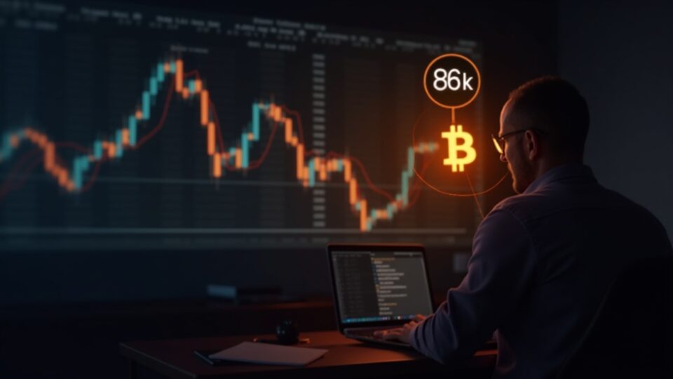 Fotografía realista de un trader ante un gráfico BTC que cae a 86k, logotipo BTC iluminado y zona max pain resaltada.