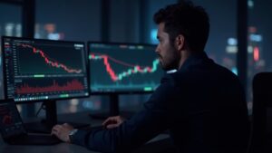Inversionista cripto enfocado en sala de trading, pantallas muestran caída de HBAR y canal descendente con RSI y MFI.