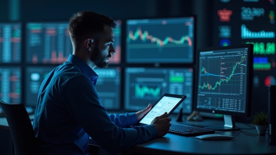 Trader profesional en una sala de trading estilo newsroom, libro de órdenes en cadena y zkLighter en Arbitrum.