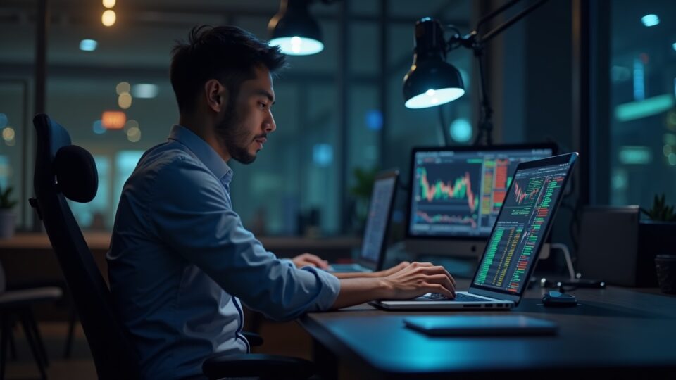 Photorealistic crypto trader at a sleek desk as BTC/ETH fall and USDT rises, signaling risk-off liquidity shift.