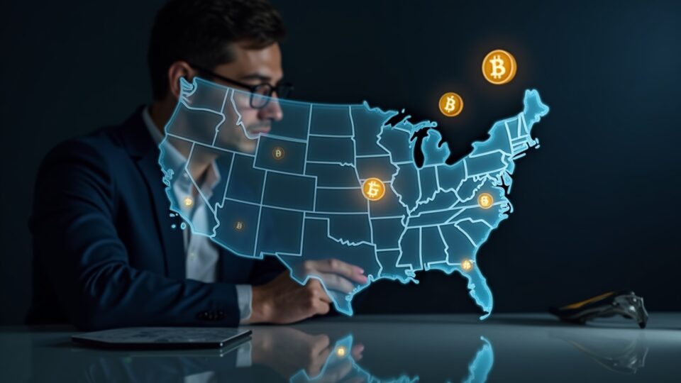 Profesional en un escritorio junto a un mapa holográfico de EE. UU. con seis estados resaltados y stablecoins flotando.