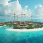 Inversores frente a un resort sobre el agua en Maldivas, intercambiando tokens digitales en una red blockchain.