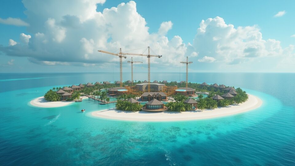 Inversores frente a un resort sobre el agua en Maldivas, intercambiando tokens digitales en una red blockchain.