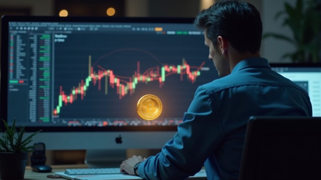 Trader cripto fotorealista frente a escritorio, holograma del token TRUMP, gráfico alcista y Epstein desenfocados.