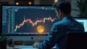 Trader cripto fotorealista frente a escritorio, holograma del token TRUMP, gráfico alcista y Epstein desenfocados.