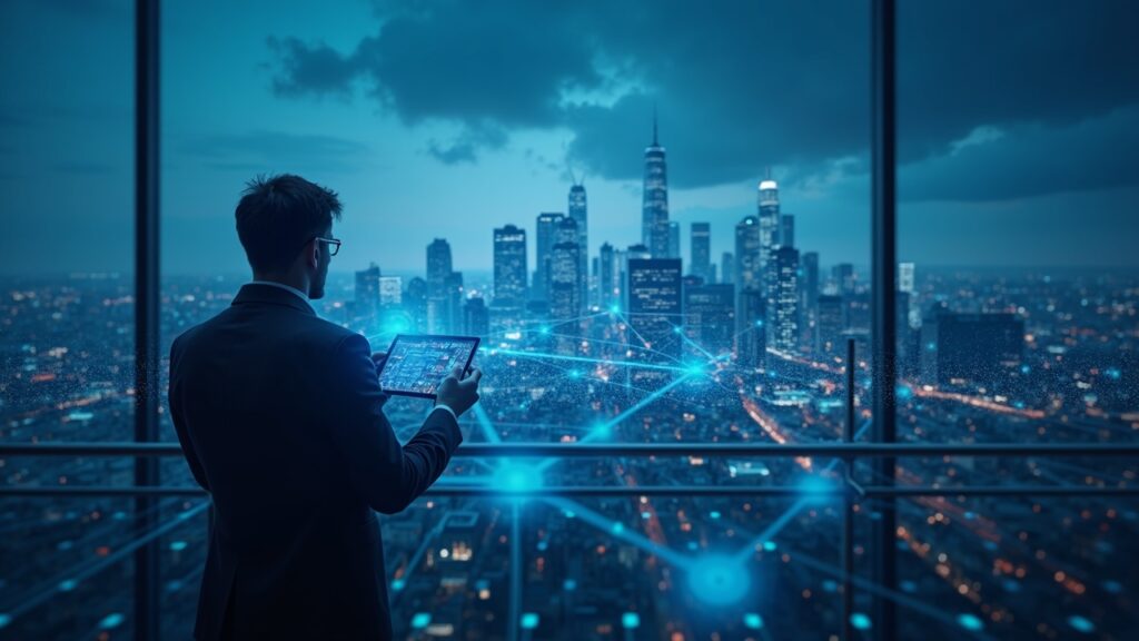 Ciudad del Reino Unido con skyline, red blockchain visible y analista evaluando la reforma DeFi NGNL.