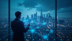 Ciudad del Reino Unido con skyline, red blockchain visible y analista evaluando la reforma DeFi NGNL.
