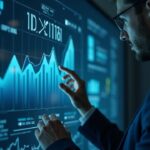 Retrato fotorrealista de analista fintech británico frente a tablero holográfico con 0,1% del PIB y ciberseguridad.
