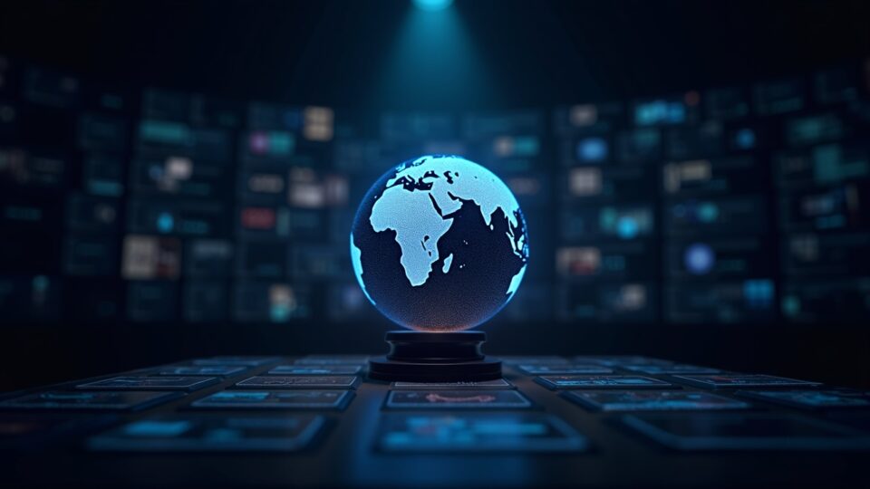 Sala de control con luces policiales británicas, globo luminoso, efectivo y cripto, y líneas de blockchain.