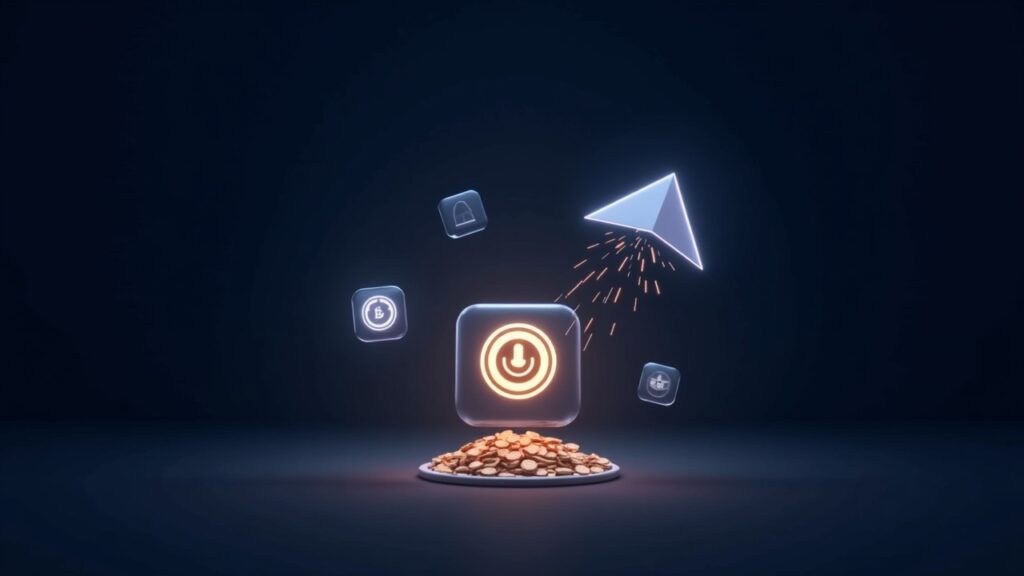 Ilustración futurista DeFi: logo UNI iluminado, interruptor encendido, monedas a la tesorería y gobernanza, parabola.