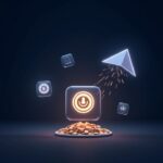 Ilustración futurista DeFi: logo UNI iluminado, interruptor encendido, monedas a la tesorería y gobernanza, parabola.