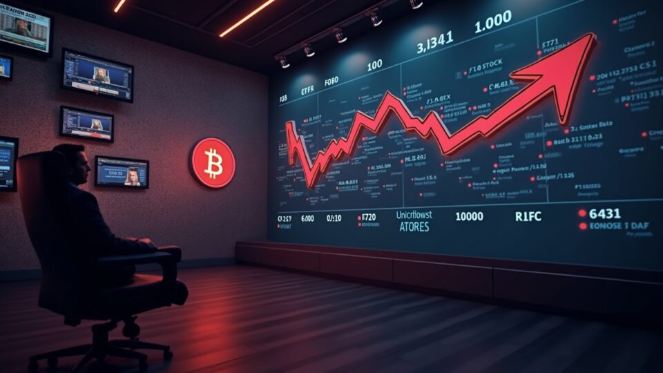 Sala de noticias cripto con ticker de Bitcoin ETF mostrando grandes salidas, flechas rojas y silueta del presidente de la Fed.