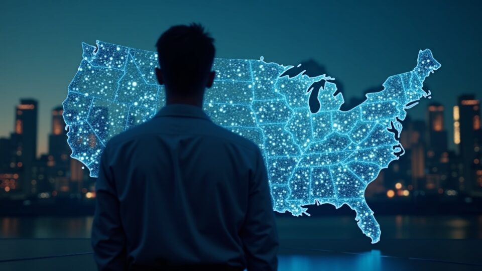 Analista de cripto frente a mapa de EE. UU. con nodos blockchain; edificios al fondo, bloqueo regulatorio.