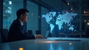 Ejecutivo bancario ante un escritorio fintech, mapa holográfico de Stellar y token USBC iluminado, pagos transfronteros.