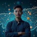 Profesional fintech fotorrealista con monedas estables holográficas y valores tokenizados en un sandbox regulado.