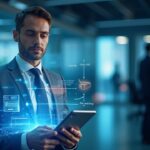 Profesional en oficina observa flujo fiat-USDC en pantalla holográfica, billeteras y trazas en blockchain; Visa suave.