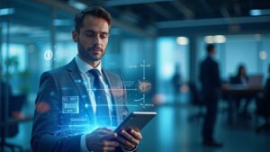 Profesional en oficina observa flujo fiat-USDC en pantalla holográfica, billeteras y trazas en blockchain; Visa suave.