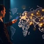 Profesional financiero frente a un mapa de red de pagos transfronterizos iluminado, con iconos USDC y branding de Visa.