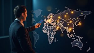 Profesional financiero frente a un mapa de red de pagos transfronterizos iluminado, con iconos USDC y branding de Visa.