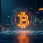 Logo de Bitcoin sobre piso de negociación con gráficos IBIT y volumen de 40 mil millones, fondo con motivos descentralizados