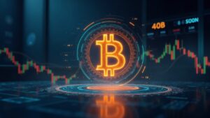 Logo de Bitcoin sobre piso de negociación con gráficos IBIT y volumen de 40 mil millones, fondo con motivos descentralizados