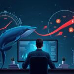 Operador de cripto en escritorio, ballena absorbiendo salidas de ETFs en flechas rojas, pantallas con BTC y ETH
