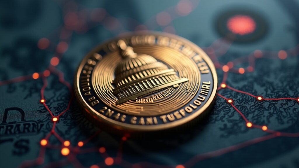 Primer plano fotorrealista del token WLFI con insignia de gobernanza, resplandor USD1 y la cúpula del Capitolio al fondo.
