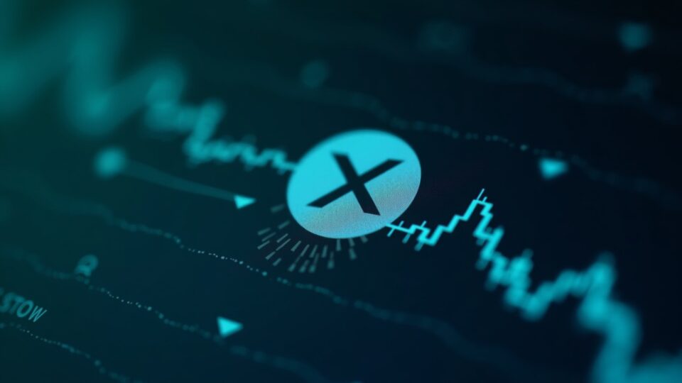 Primer plano fotorrealista del logo XLM en una pantalla digital con gráfico descendente hacia 0,25, fondo azul-verde fintech.