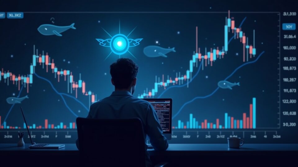 Trader fotorealista ante gráfico cripto; XLM cae por debajo de 0,25, ballenas e indicadores institucionales, logo de Stellar.