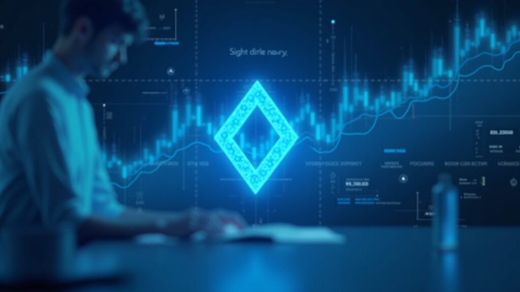 Analista cripto en redacción observa gráfico holográfico de XLM por encima de 0,3020 con alto volumen y logo de Stellar