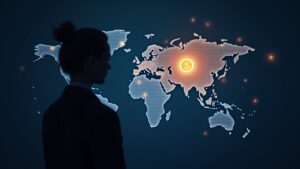 Silueta de banquero junto a un mapa luminoso de la red Stellar y una stablecoin respaldada por el dólar.