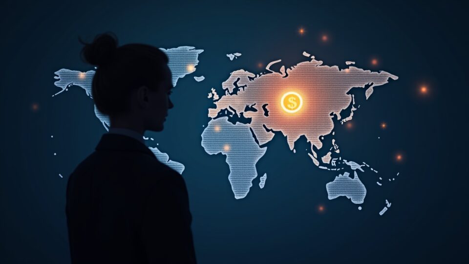 Silueta de banquero junto a un mapa luminoso de la red Stellar y una stablecoin respaldada por el dólar.