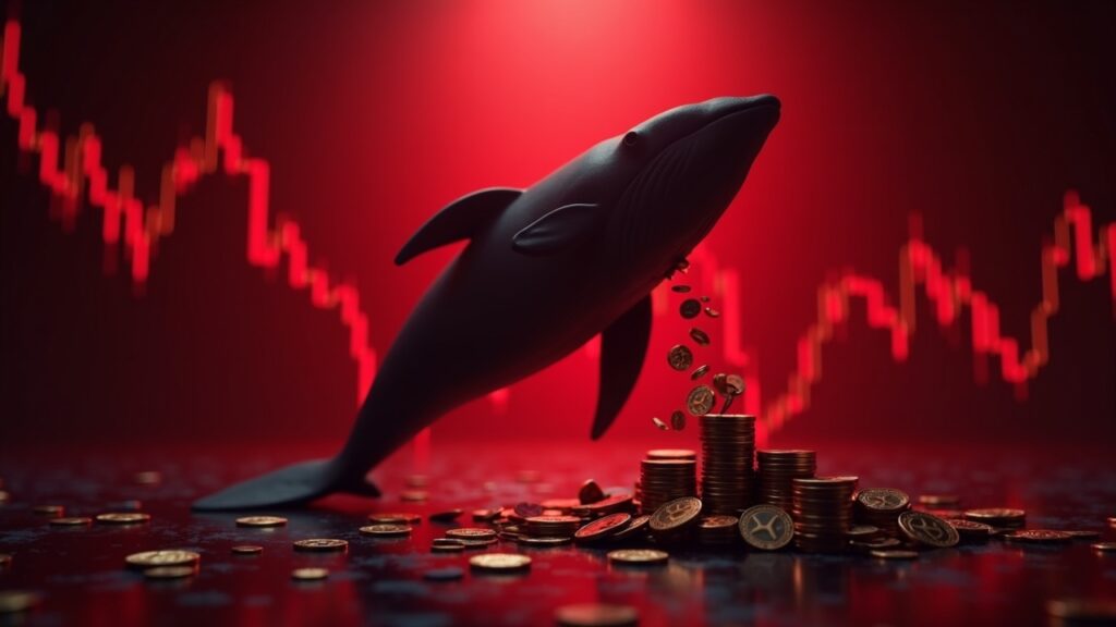 Silueta de ballena derramando XRP sobre un gráfico de mercado en rojo, logos de ETF al fondo y luz de newsroom.