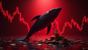 Silueta de ballena derramando XRP sobre un gráfico de mercado en rojo, logos de ETF al fondo y luz de newsroom.
