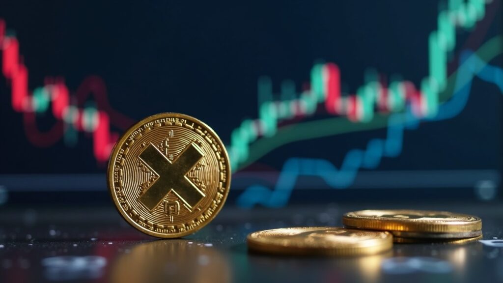 Moneda XRP en primer plano con gráfico digital de Bitcoin en segundo plano, mostrando caída por debajo de 93.000.