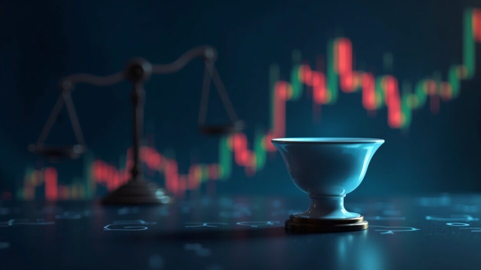 Escena de trading fotorrealista de XRP con gráfico en taza con asa hacia $5, sobre un libro mayor digital, con balanzas regulatorias.
