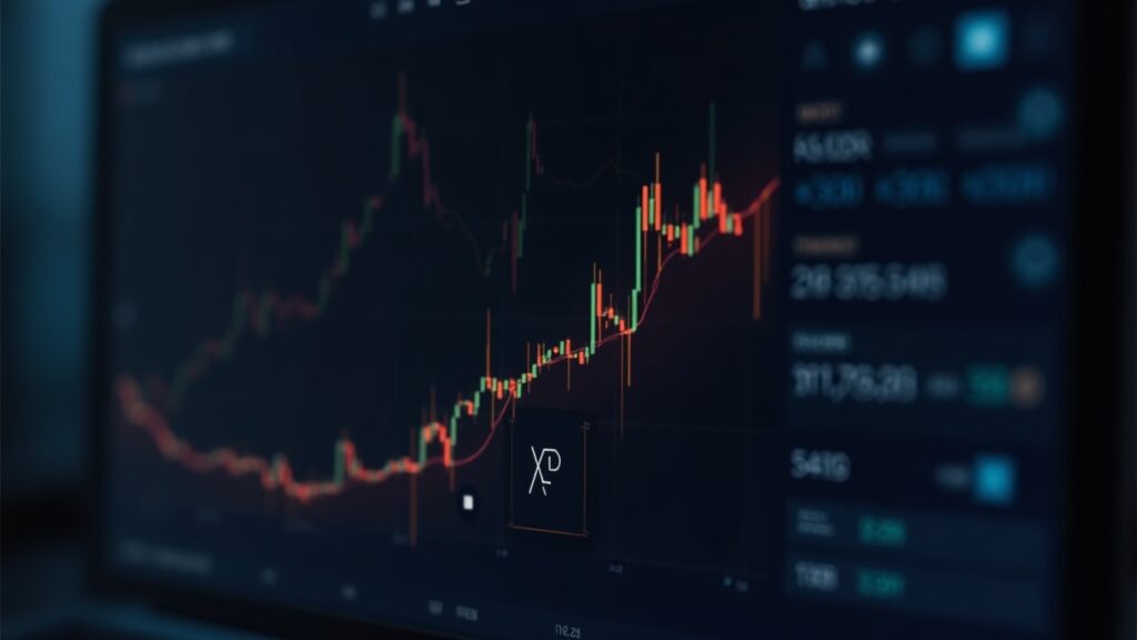 Trader cripto en primer plano mirando gráfico XRP con cup-and-handle hacia 5$, tablero institucional y símbolos regulatorios al fondo.