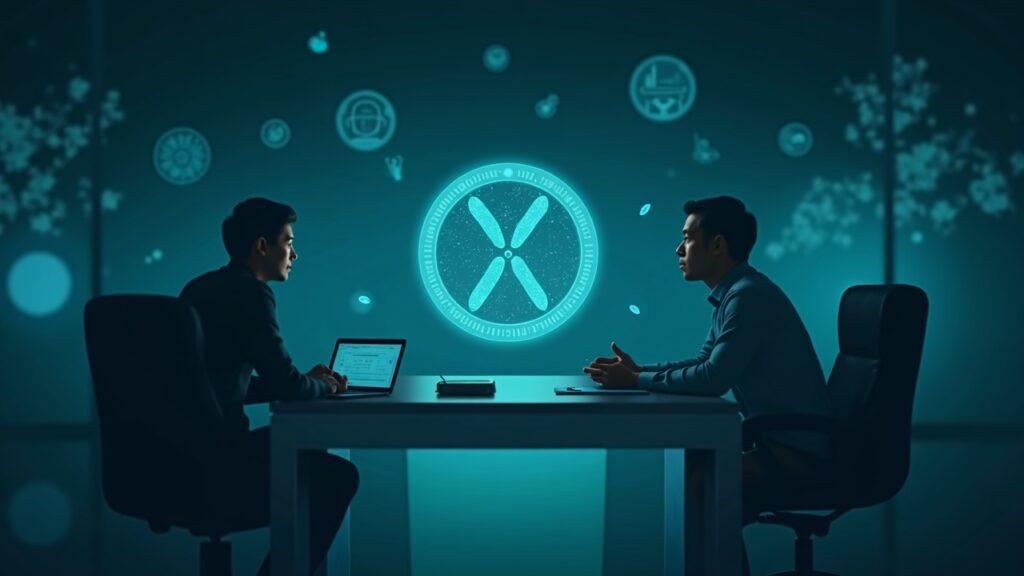 Inversor profesional en una sala de redacción elegante con un token holográfico XRP, sellos regulatorios y una balanza sobre un fondo azul verdoso.