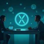 Inversor profesional en una sala de redacción elegante con un token holográfico XRP, sellos regulatorios y una balanza sobre un fondo azul verdoso.