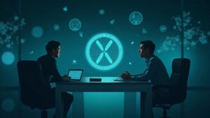 Inversor profesional en una sala de redacción elegante con un token holográfico XRP, sellos regulatorios y una balanza sobre un fondo azul verdoso.