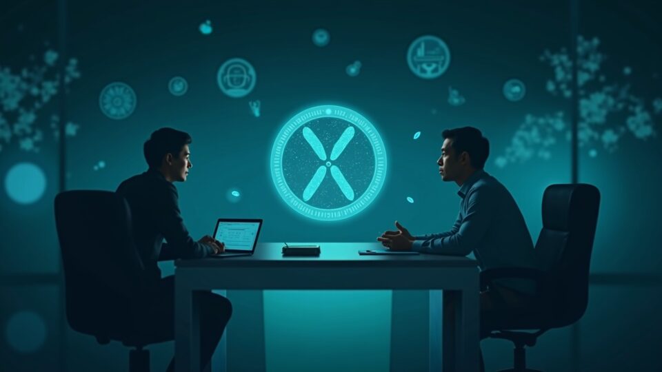 Inversor profesional en una sala de redacción elegante con un token holográfico XRP, sellos regulatorios y una balanza sobre un fondo azul verdoso.