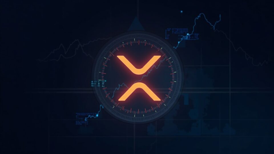 Logo de XRP centrado y brillante, con gráficos ascendentes, tickers de ETF, bóveda digital y red blockchain en newsroom.