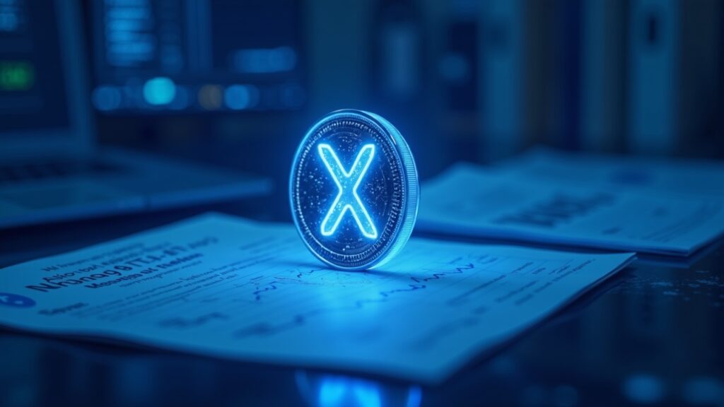 Header fotorealista de mesa de trading cripto, moneda XRP luminosa y un prospecto de ETF, estilo Nasdaq, tonos azules.